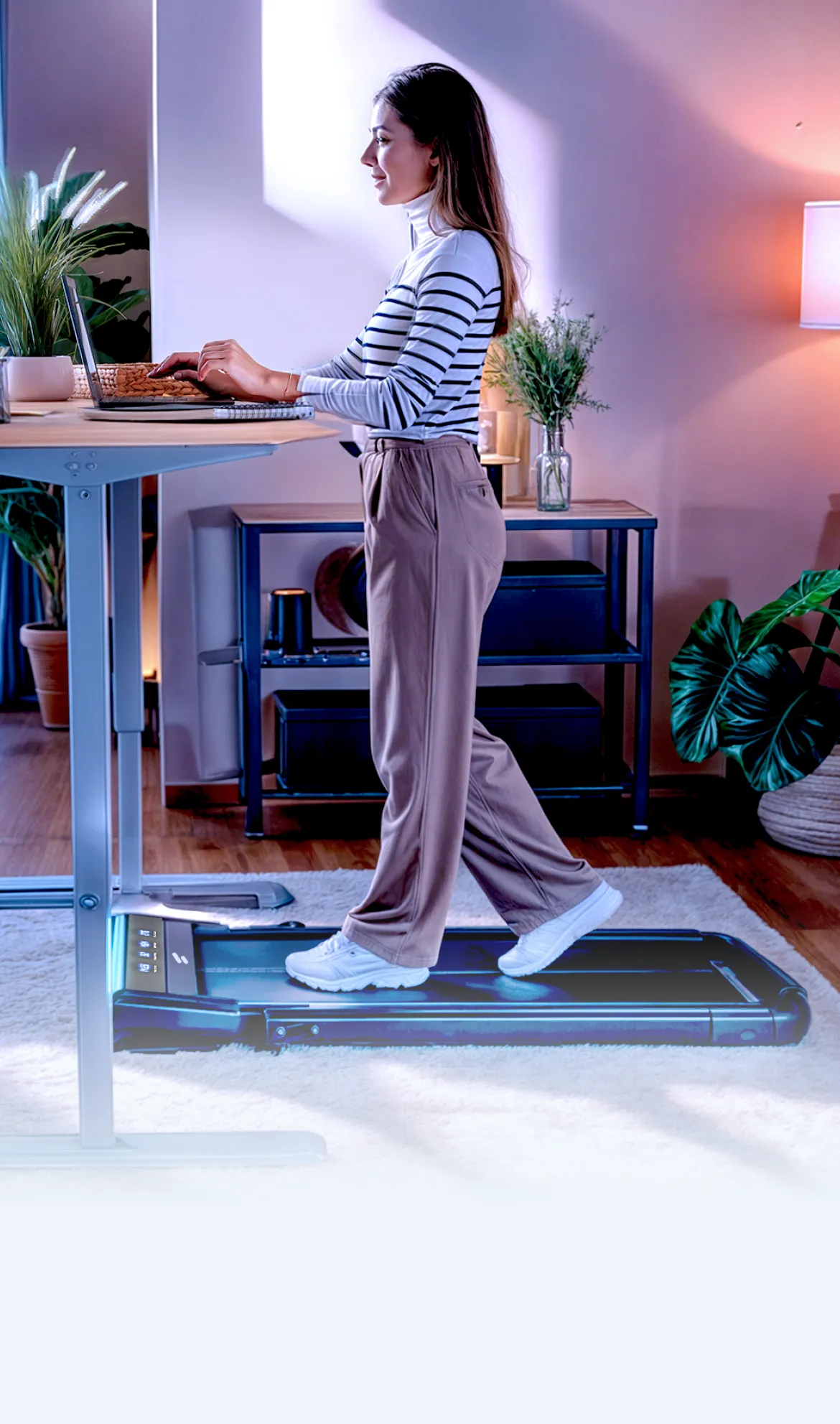 Home office with standing desk and treadmil